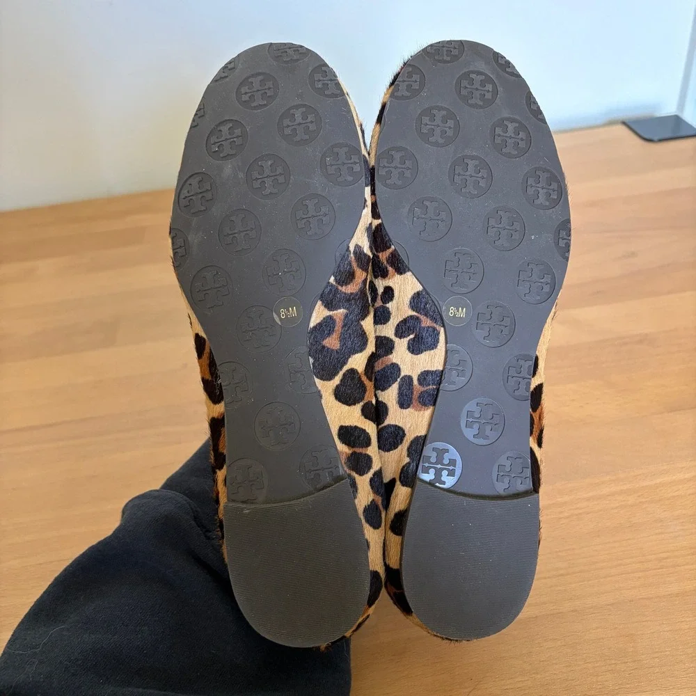 Tory Burch Reva Leopard Print Calf Hair Ballet Flats Gold Logo Brown Tan 8.5